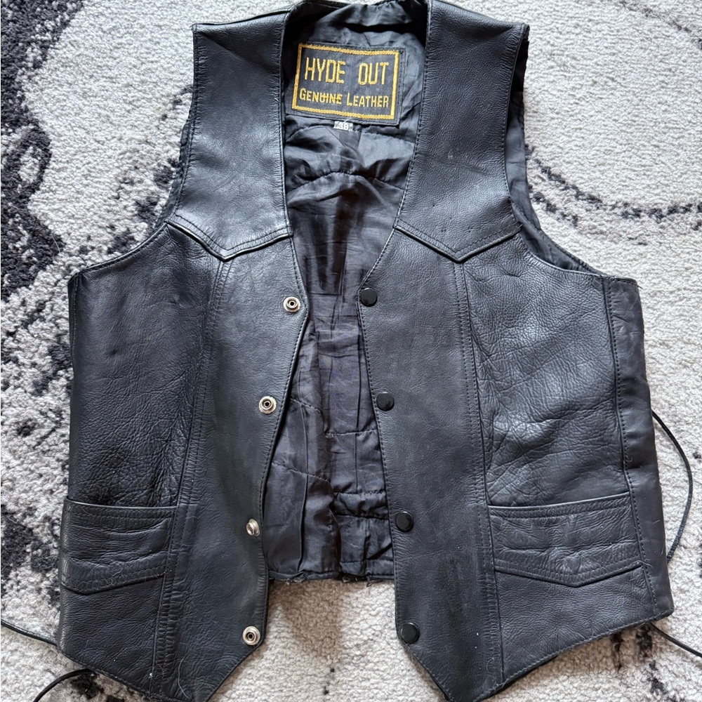 Black Leather Motorcycle Vest with Adjustable Straps